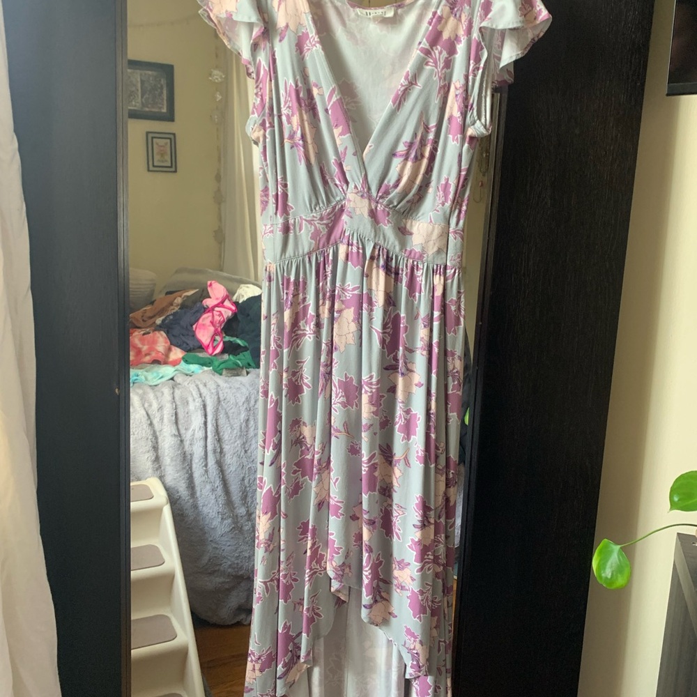Elegant Floral High-Low Dress in Pink and Gray